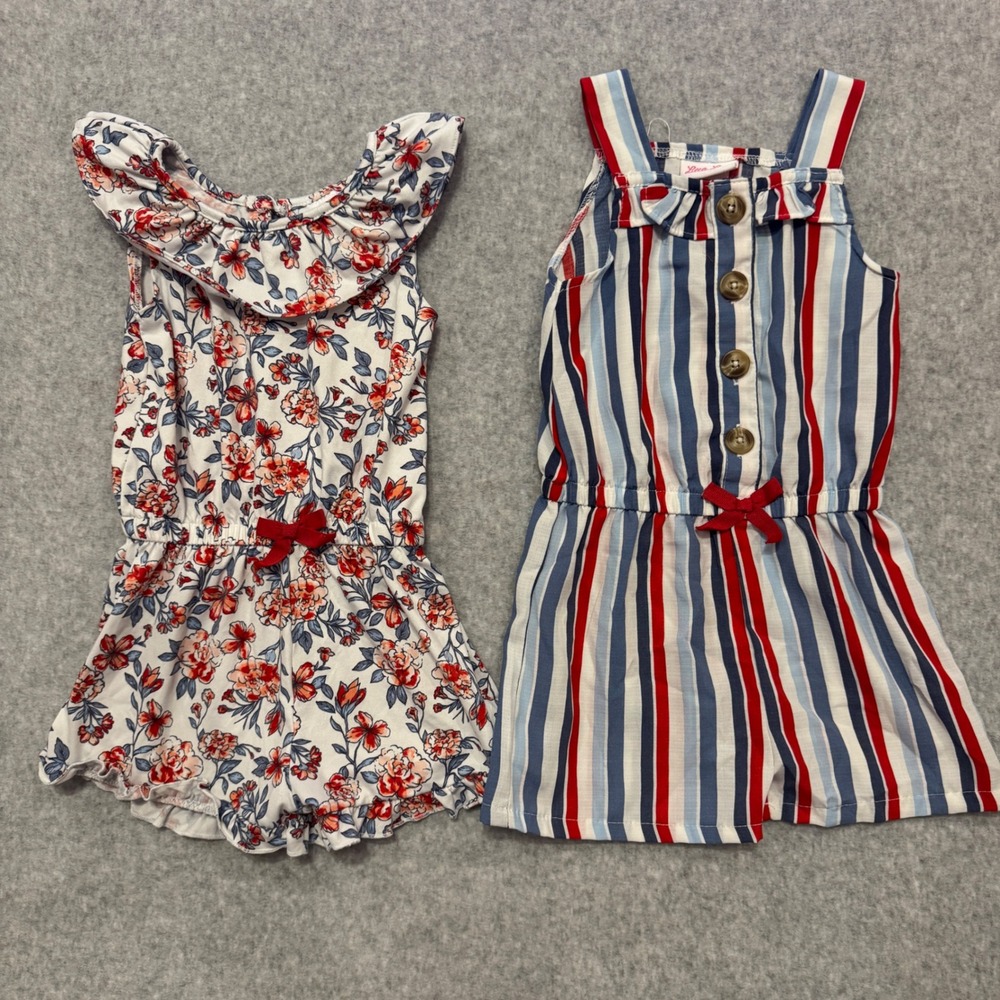 Little Lass Girls Romper Bundle Size 5 Floral Striped Red‎ White Blue 2pc Set